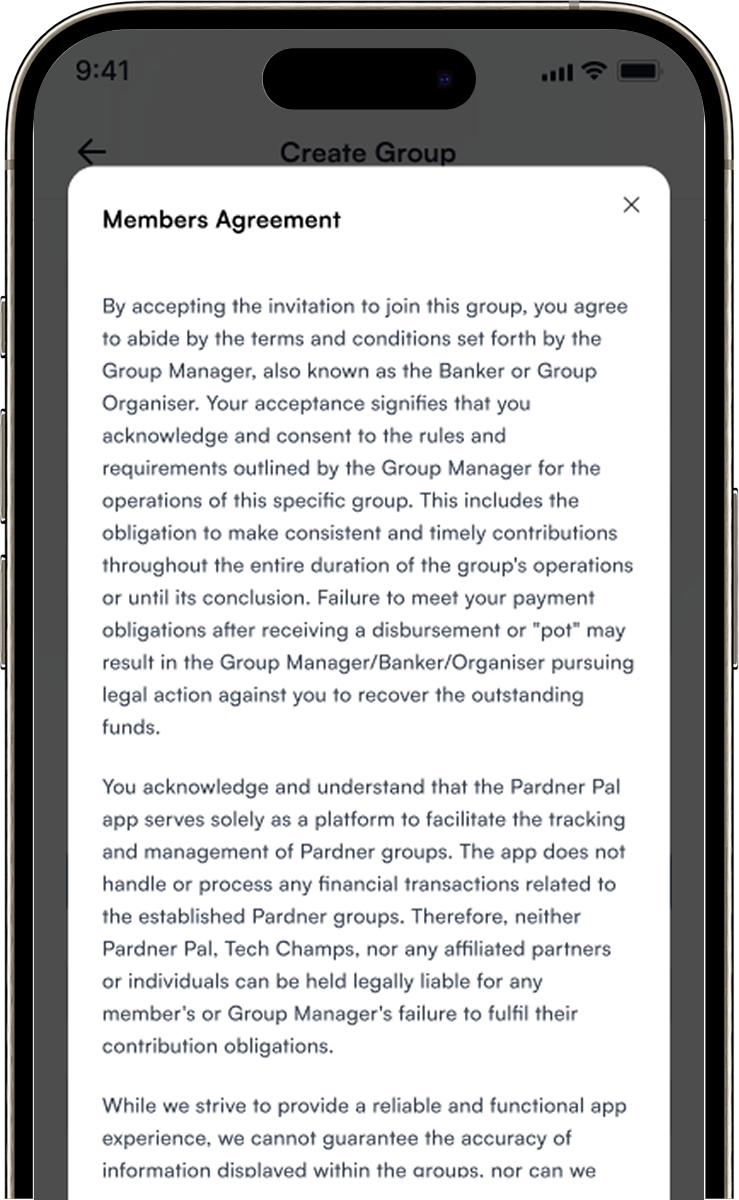 Member activity screen inside the Pardner Pal app